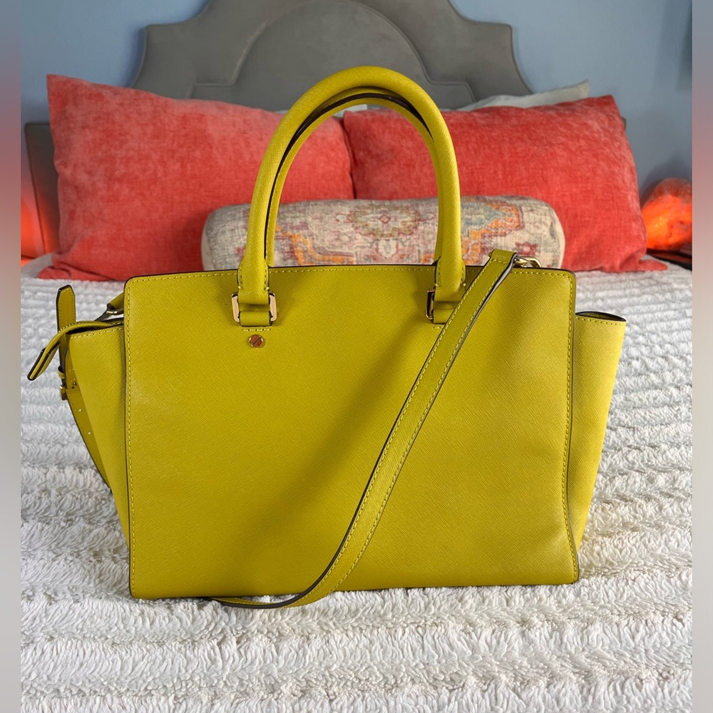 Michael Kors Selma Large Saffiano Leather Satchel Bag Apple Green - Picture 2 of 13